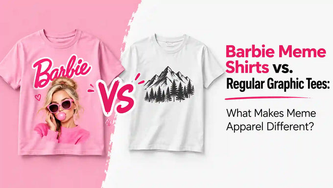 Barbie meme shirts vs. regular graphic tees, comparing a pink Barbie-inspired meme T-shirt with a white graphic tee to show the difference in meme apparel styles.