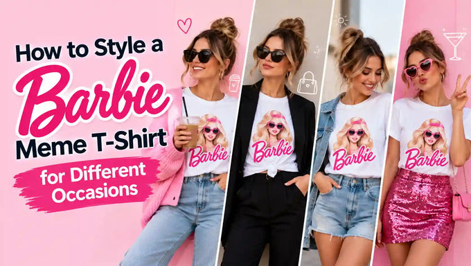 How to style a Barbie meme T-shirt for different occasions, featuring casual, everyday, smart-casual, and party outfit ideas with pink Barbie graphic tees.