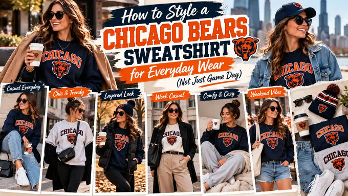 How to style a Chicago Bears sweatshirt for everyday wear with casual jeans, denim jackets, tailored trousers, sneakers, cozy layers, and trendy accessories for chic weekday and weekend outfits beyond game day.