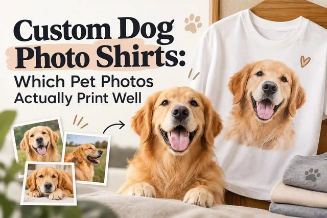 Custom dog photo shirts featuring a golden retriever portrait, showing which pet photos print best on T-shirts.
