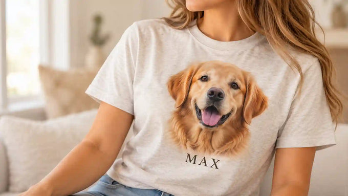 Personalized dog memorial shirt in ash gray featuring a golden retriever photo and custom pet name printed on the chest.