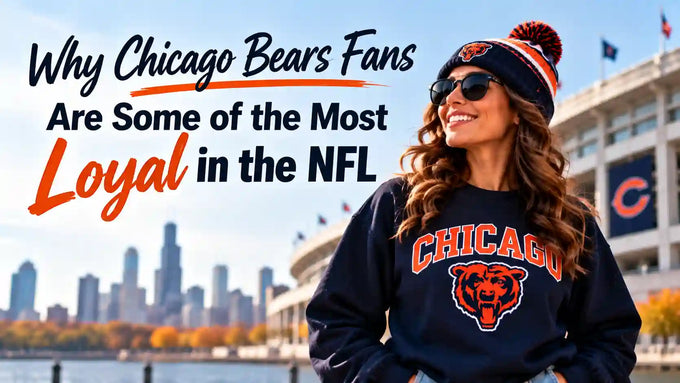 Chicago Bears fan wearing a navy sweatshirt and beanie outside Soldier Field, celebrating the loyalty and pride of Bears fans.