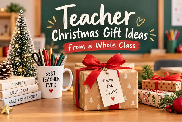 Teacher Christmas gift ideas from a whole class featuring festive gift boxes, a teacher mug, books, and Christmas decorations.