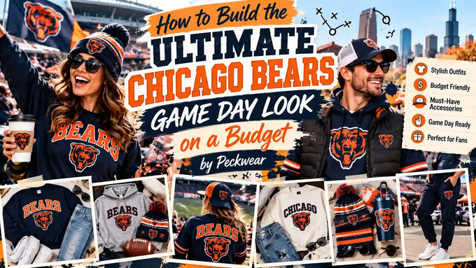 How to build the ultimate Chicago Bears game day look on a budget with affordable Bears sweatshirts, graphic tees, hoodies, jeans, beanies, and fan accessories in navy blue, orange, and white from Peckwear.
