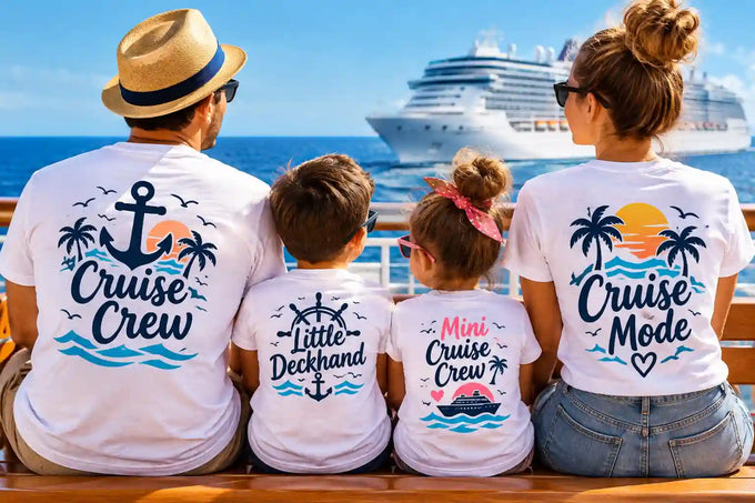 Family cruise shirt sayings featuring matching family cruise crew T-shirts in navy blue and turquoise, worn by parents and children aboard a cruise ship vacation.