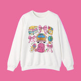 Back to school teacher sweatshirt with school bus, backpack and books graphic