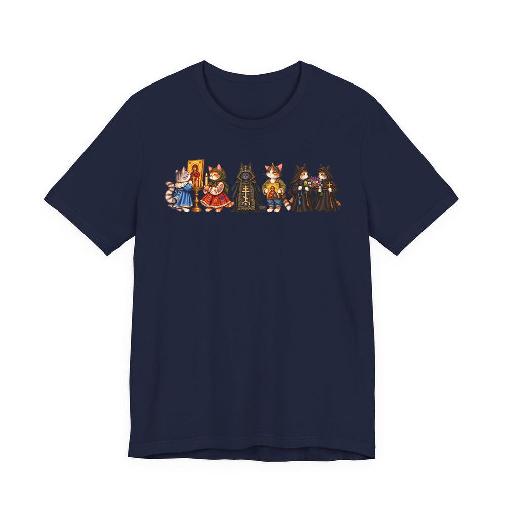 Orthodox cat shirt with cats holding icons in Navy by Peckwear