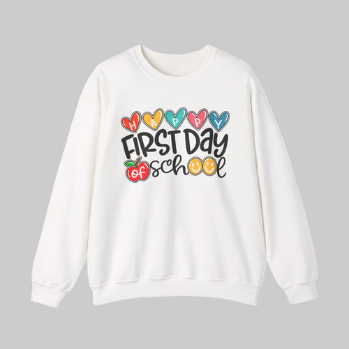 First day of school teacher sweatshirt with hearts, apple and smiley faces