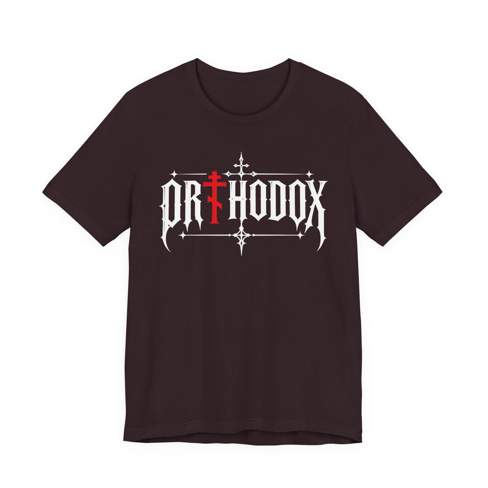 Orthodox lettering red cross t-shirt in Oxblood Black by Peckwear