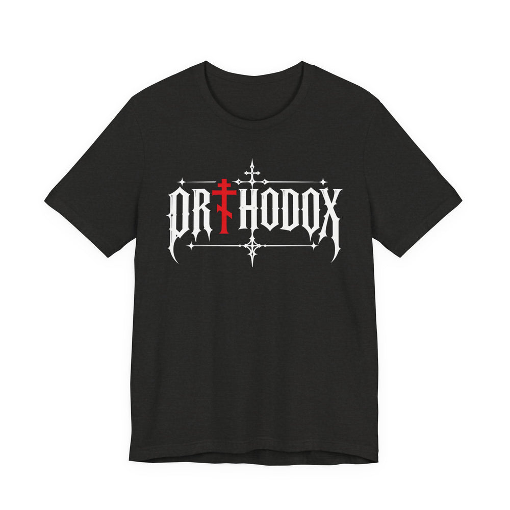 Orthodox lettering red cross t-shirt in Black Heather by Peckwear