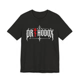 Orthodox lettering red cross t-shirt in Black Heather by Peckwear