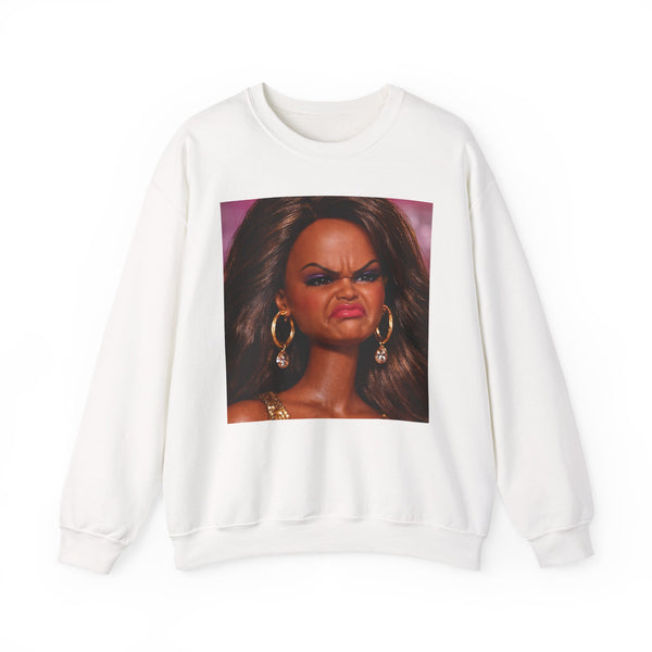 Angry Doll Face Meme Reaction Sweatshirt in White