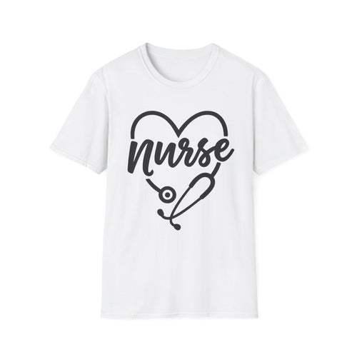 White nurse t-shirt featuring heart and stethoscope design