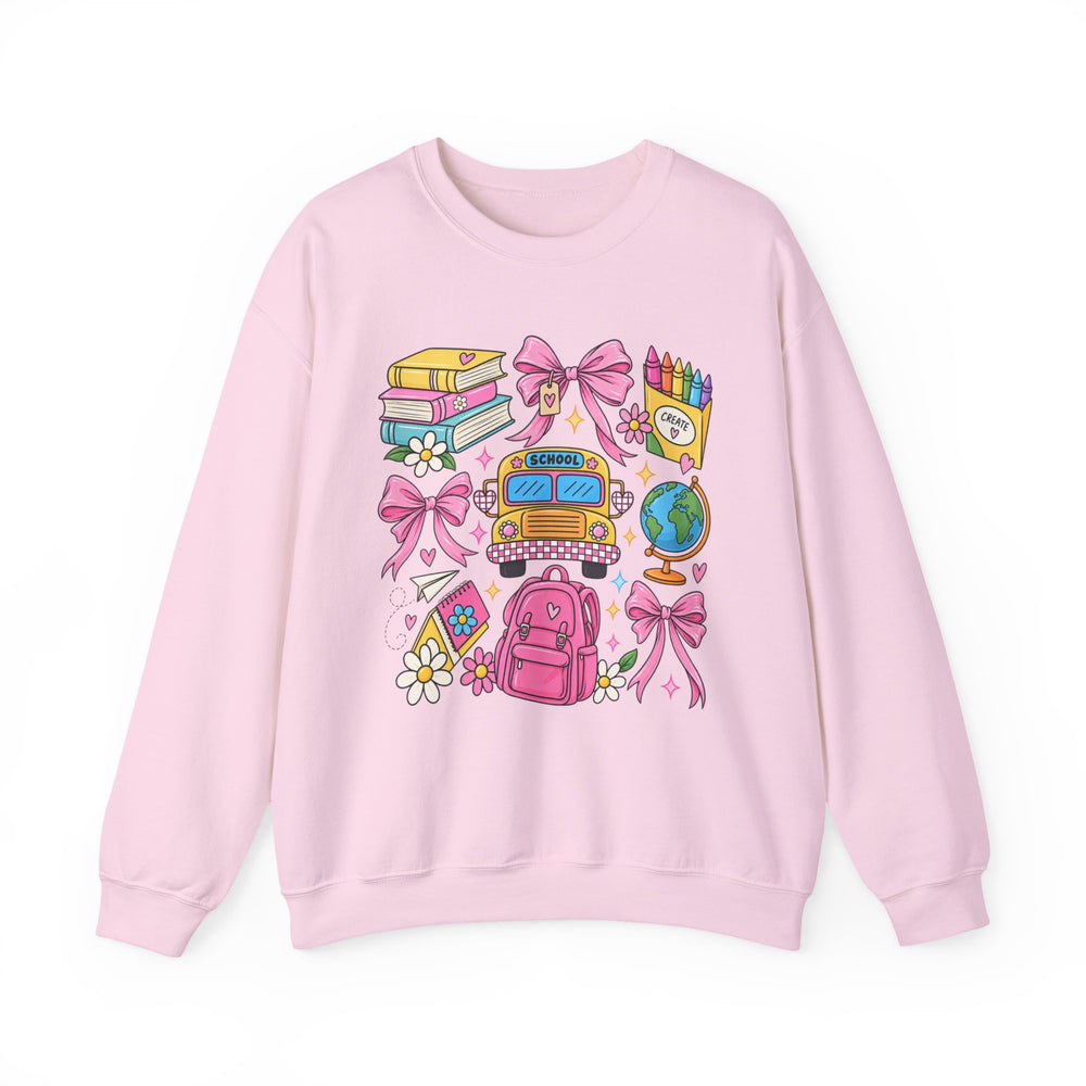 Back to school teacher sweatshirt with school bus, backpack and books graphic - view 7