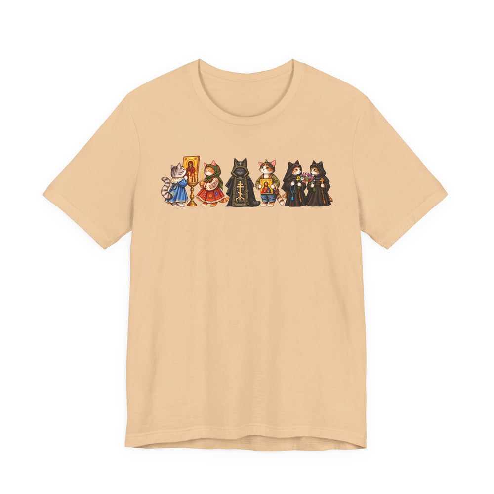 Orthodox cat shirt with cats holding icons in Sand Dune by Peckwear