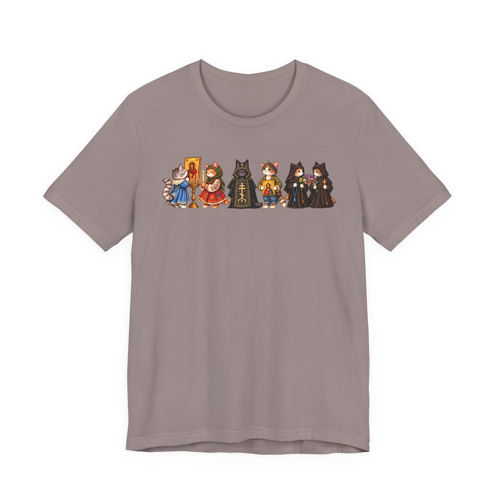 Orthodox cat shirt with cats holding icons in Pebble Brown by Peckwear