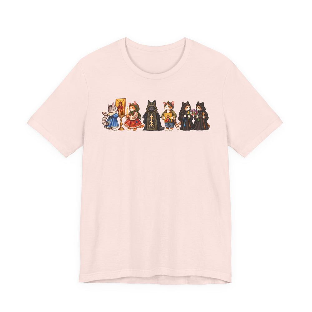 Orthodox cat shirt with cats holding icons in Soft Pink by Peckwear