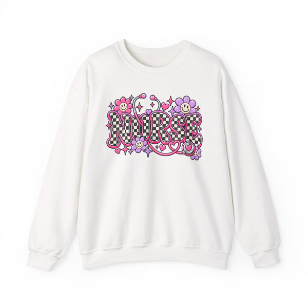 Retro Nurse Sweatshirt — Checkered NURSE Smiley Flower Crewneck