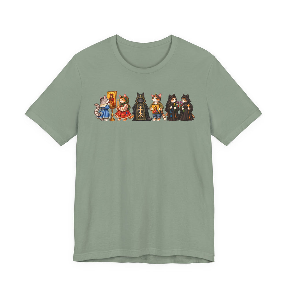 Orthodox cat shirt with cats holding icons in Sage by Peckwear