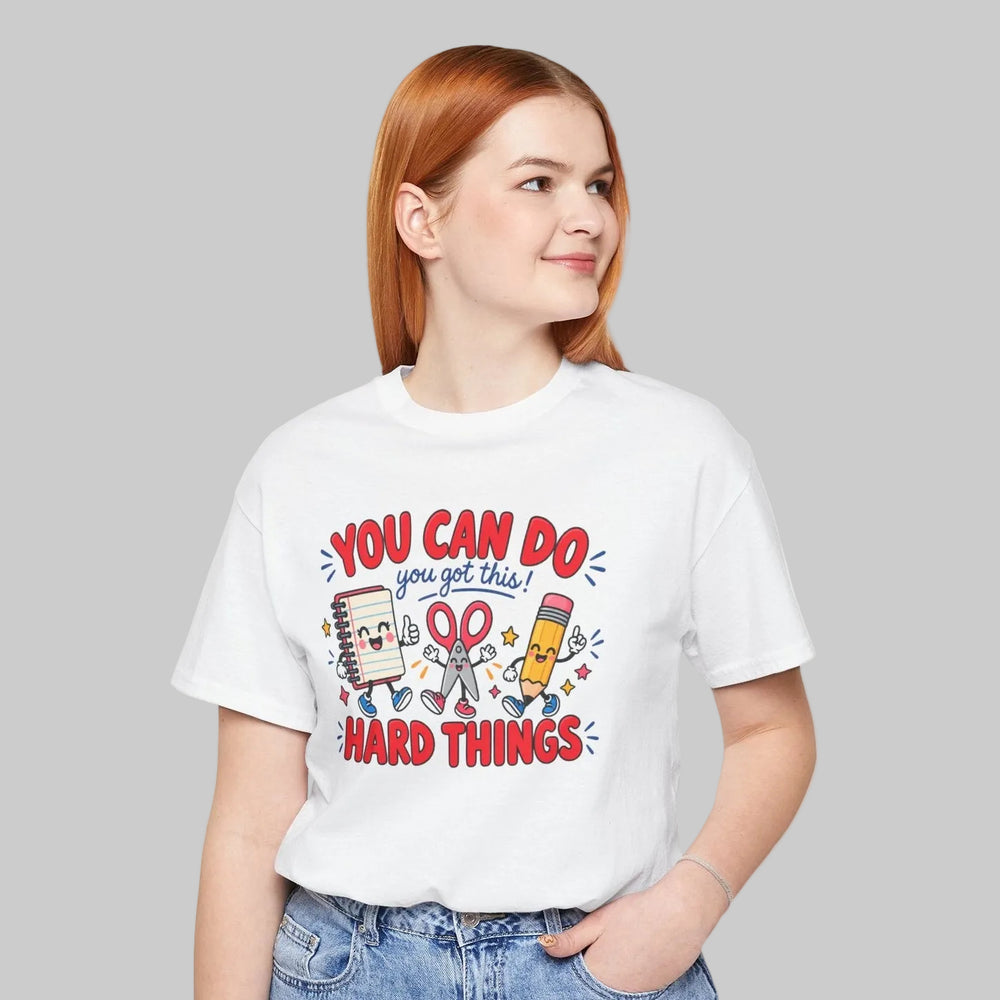 You Can Do Hard Things teacher shirt with notebook, pencil and scissors graphic