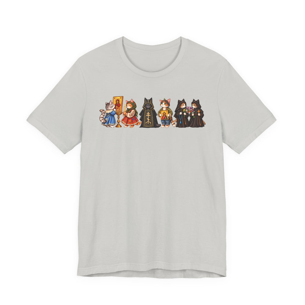 Orthodox cat shirt with cats holding icons in Silver by Peckwear