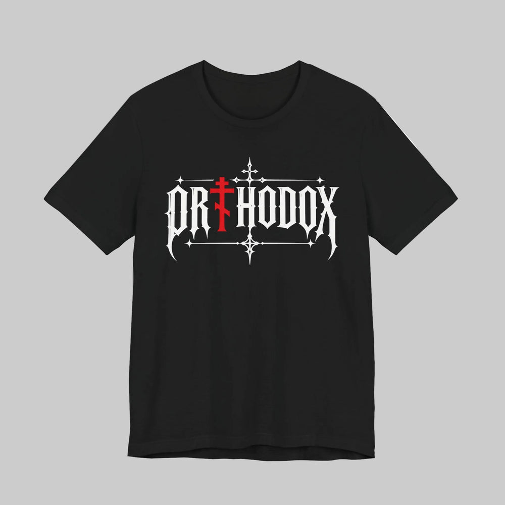 Orthodox lettering red cross t-shirt in Black by Peckwear