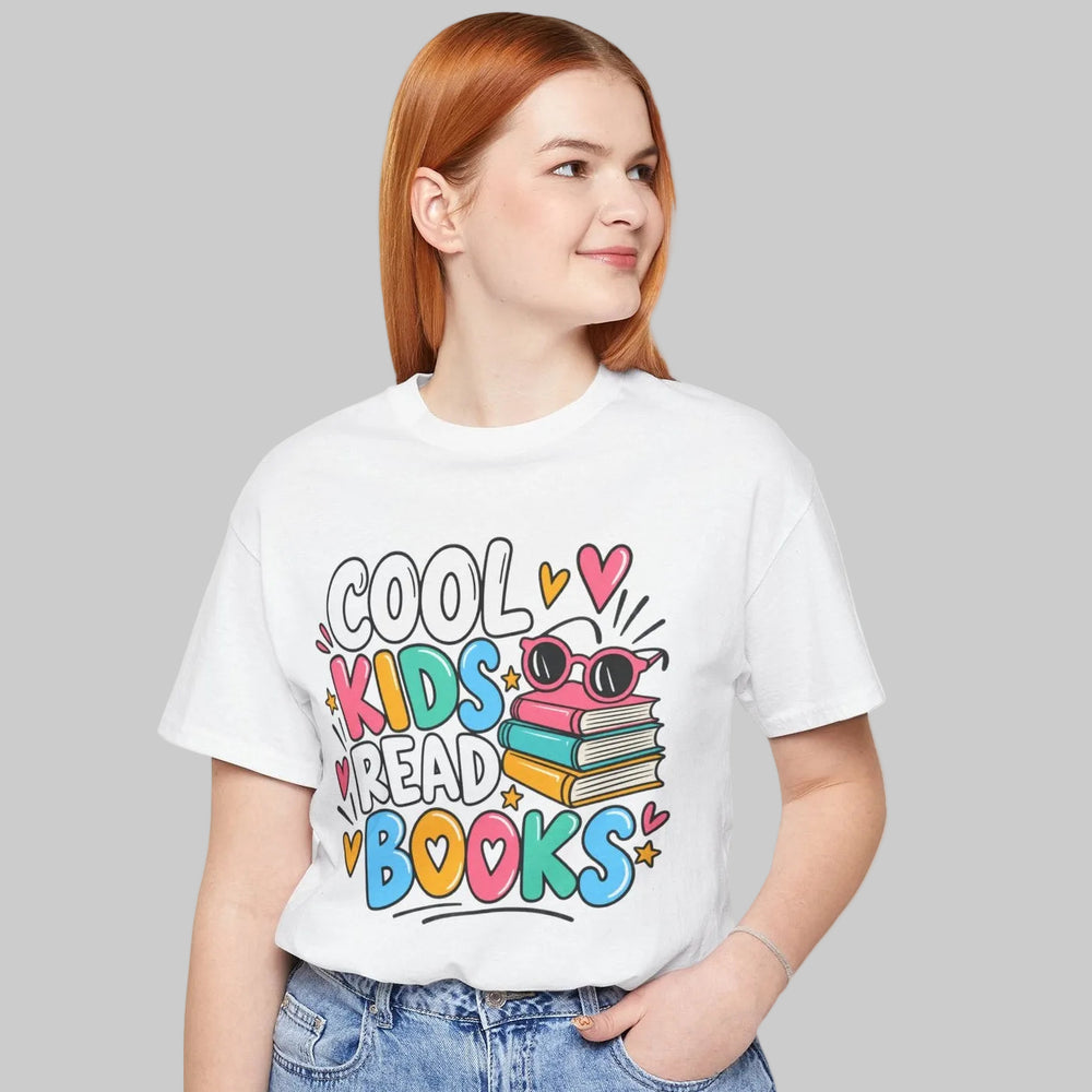 Cool Kids Read Books teacher shirt with stacked books, glasses and hearts