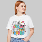 Cool Kids Read Books teacher shirt with stacked books, glasses and hearts