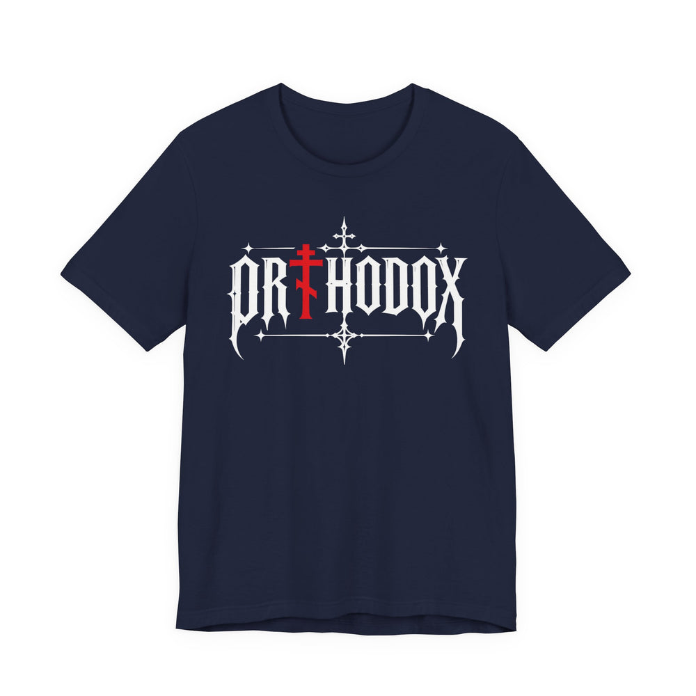 Orthodox lettering red cross t-shirt in Navy by Peckwear