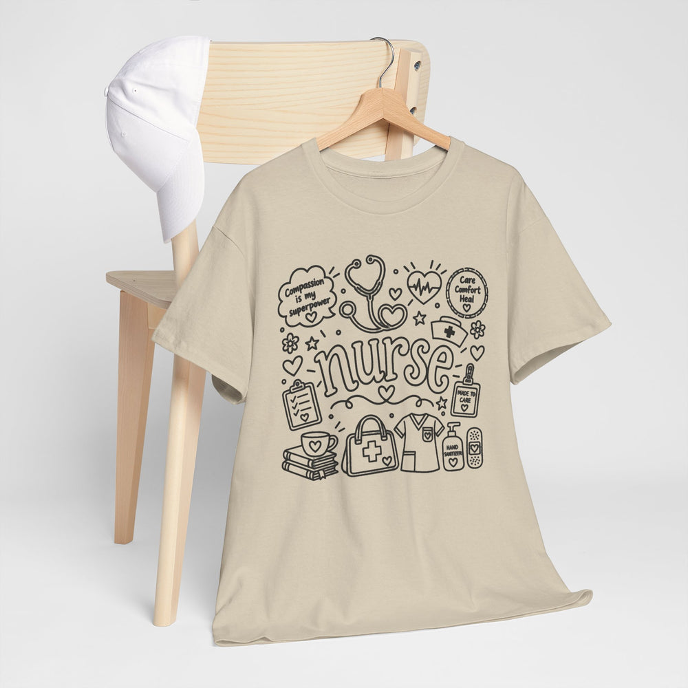 Sand nursing t-shirt with hand-drawn medical doodle nurse design on a hanger