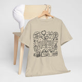 Sand nursing t-shirt with hand-drawn medical doodle nurse design on a hanger