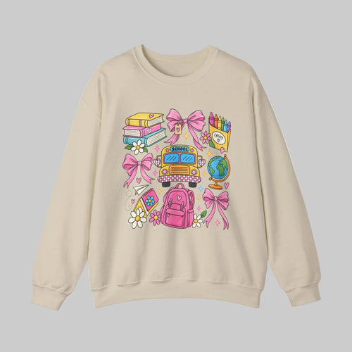 Back to school teacher sweatshirt with school bus, backpack and books graphic - view 3