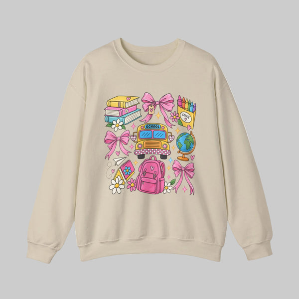 Back to school teacher sweatshirt with school bus, backpack and books graphic - view 3