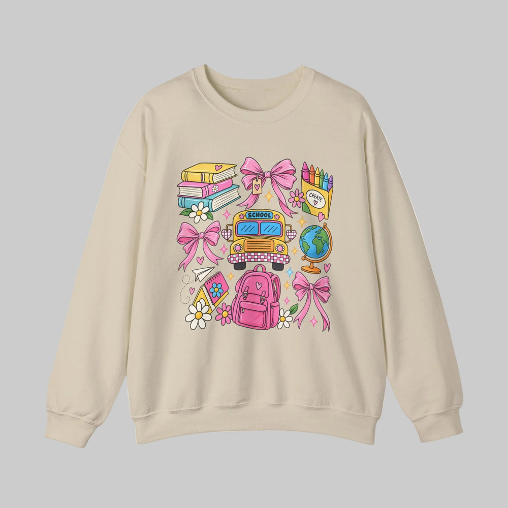 Back to school teacher sweatshirt with school bus, backpack and books graphic - view 3