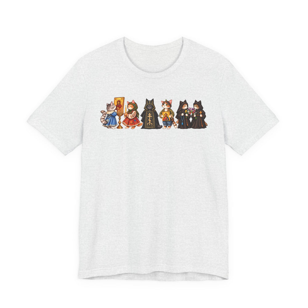 Orthodox cat shirt with cats holding icons in Ash by Peckwear