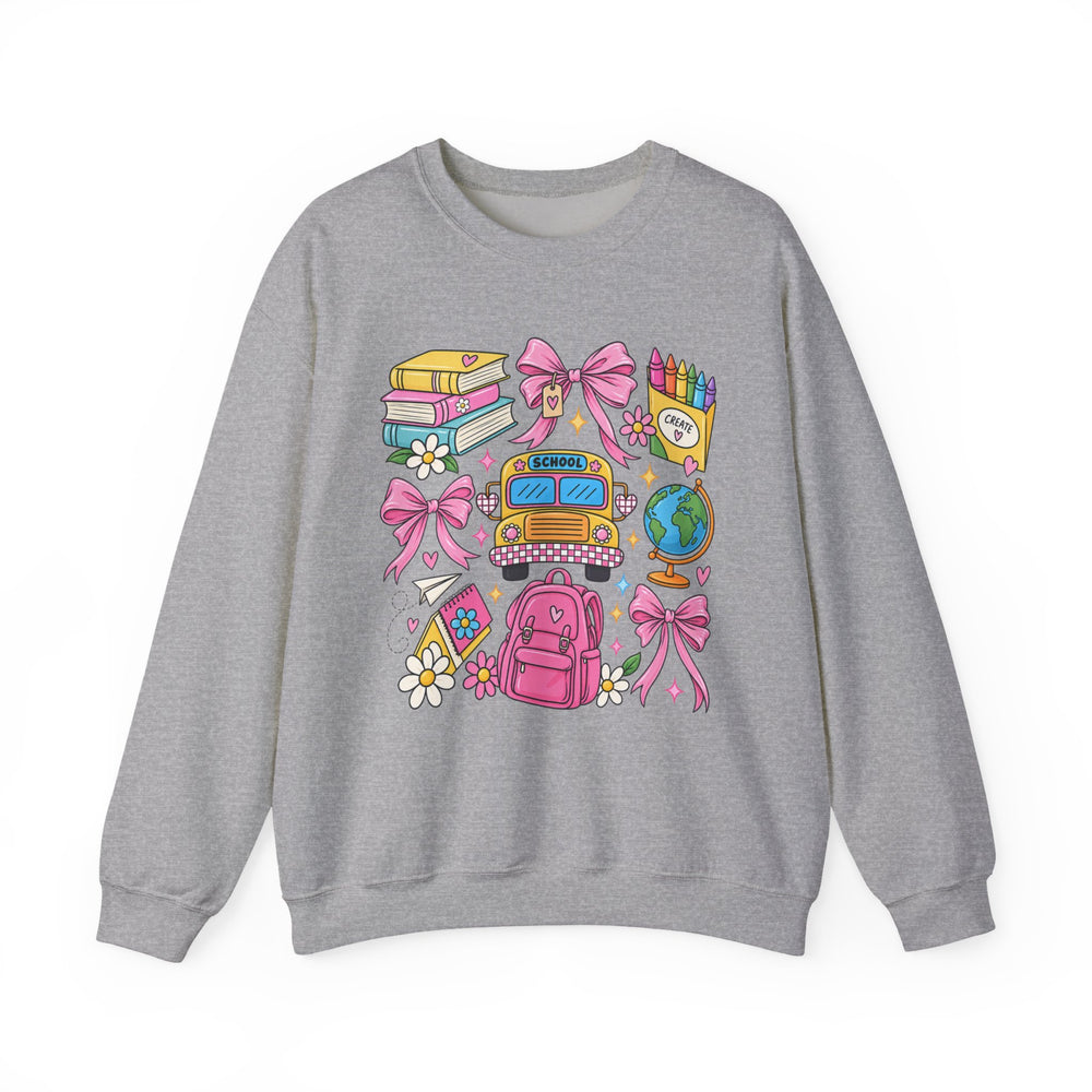 Back to school teacher sweatshirt with school bus, backpack and books graphic - view 4