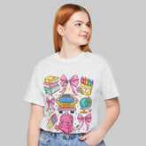 Back to School teacher shirt with books, school bus, backpack and pink bows