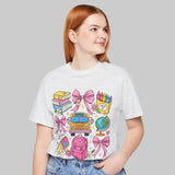 Back to School teacher shirt with books, school bus, backpack and pink bows