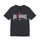 Orthodox lettering red cross t-shirt in Dark Grey by Peckwear