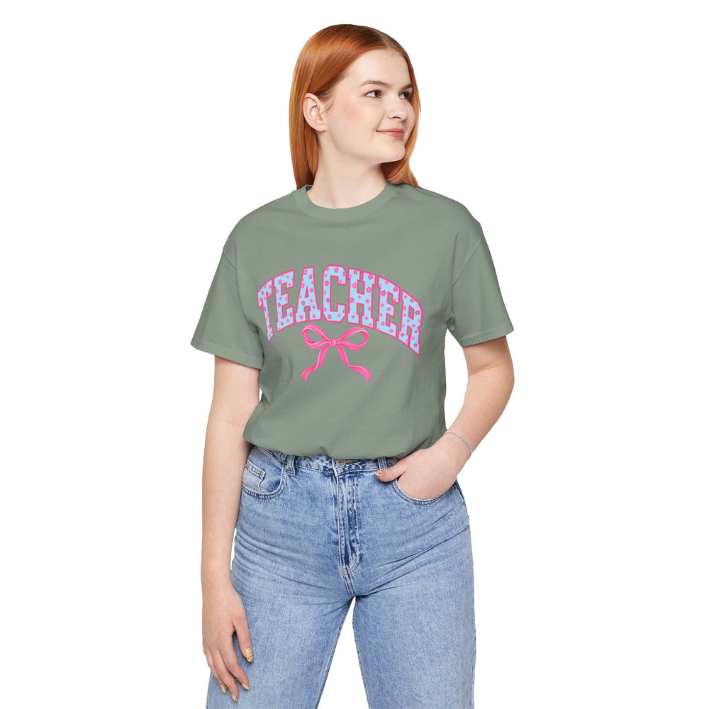 Pink bow teacher shirt graphic tee – image 5