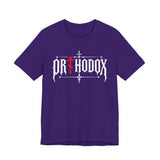 Orthodox lettering red cross t-shirt in Team Purple by Peckwear