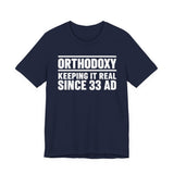 Orthodoxy Keeping It Real Since 33 AD shirt in Navy by Peckwear