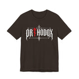 Orthodox lettering red cross t-shirt in Brown by Peckwear