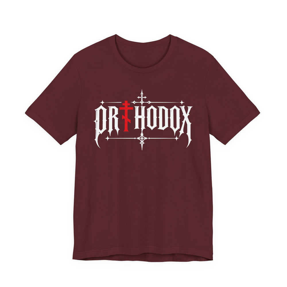 Orthodox lettering red cross t-shirt in Maroon by Peckwear