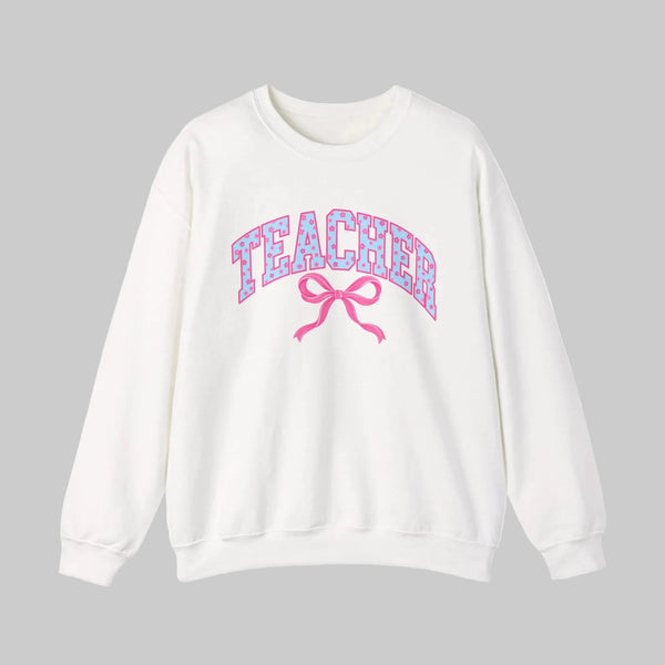 Booked and Busy teacher sweatshirt with bow-tied book stack