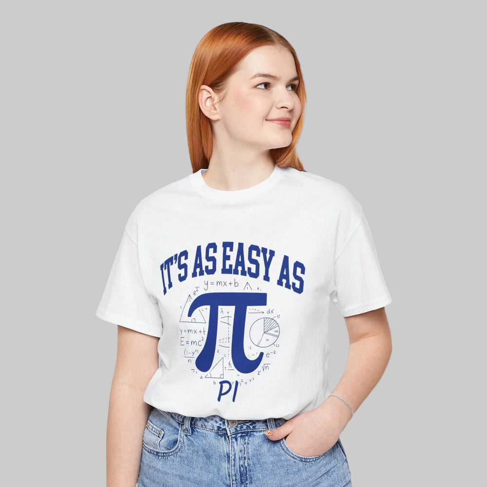 Easy as Pi math teacher shirt with large pi symbol and math formulas