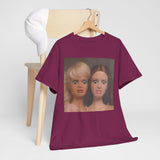 Maroon t-shirt with graphic design and text on a white background