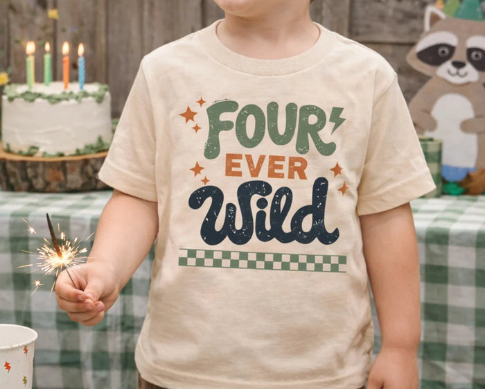 Child in a Four Ever Wild 4th birthday shirt
