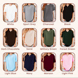 A color-options chart for a women's short-sleeve V-neck T-shirt under the brand name Gildan. The chart shows twelve different shirt color variants, each displayed on a model cropped from the neck down, with labels including White, Sport Grey, Charcoal, Black, Dark Chocolate, Sand, Military Green, Forest Green, Light Blue, Navy, Maroon, and Light Pink.