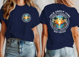 Two women modeling a navy blue short-sleeve T-shirt, showing both the front and back. The front has a small circular Royal Caribbean graphic on the left chest.